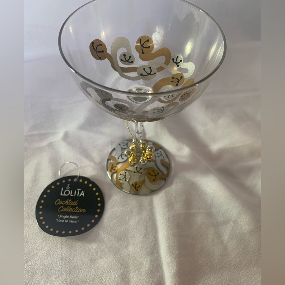 🎁NWT Lolita Enesco Hand painted Holiday celebrate coupe wine glass jingle bells